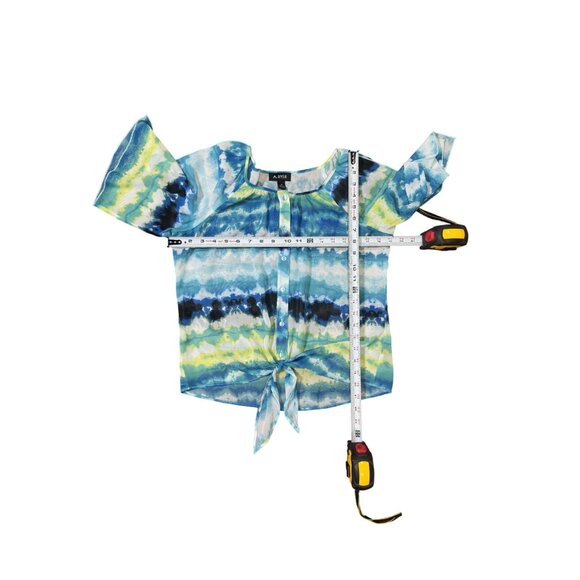 A Byer Womens Blouse Size M Blue Green Watercolor Tie-Front Sheer Open Sleeves - Picture 10 of 10